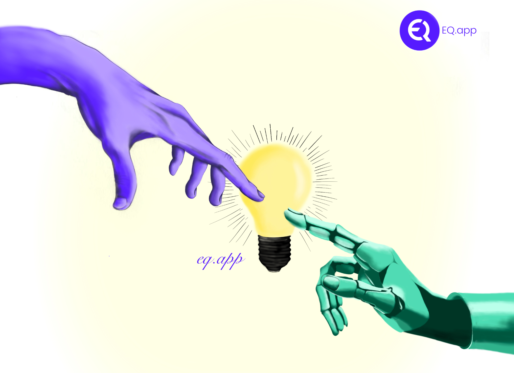 Human and AI hands reaching for a lightbulb, symbolizing collaboration and innovation